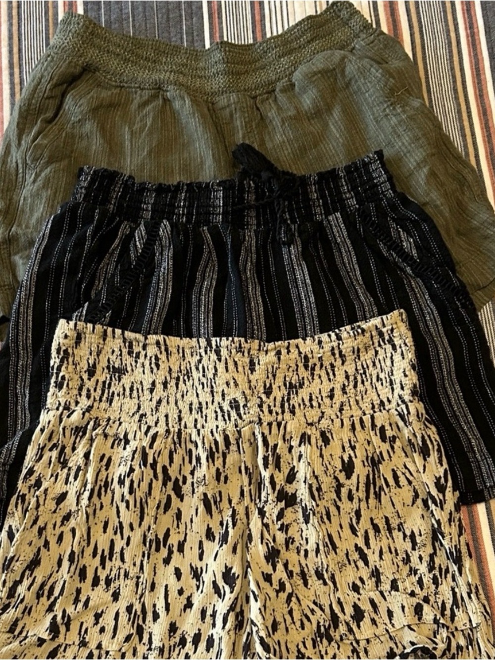 Lot of 3 Women's Elastic Waist Skirts in Olive, stripes, and leopard print